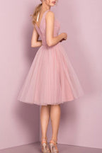 Vestido corto rosa de fiesta con escote en V y largo hasta la rodilla, PG151