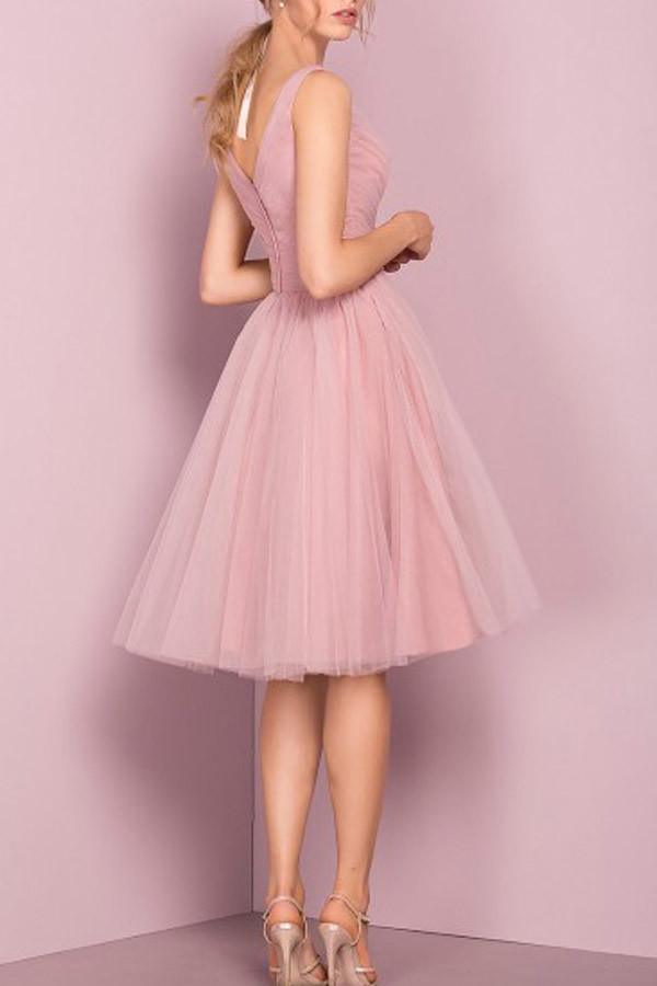 Carino Abito Rosa a Scollo a V Lunghezza Ginocchio per Festa di Ritorno a Casa Abiti Corti da Ballo PG151