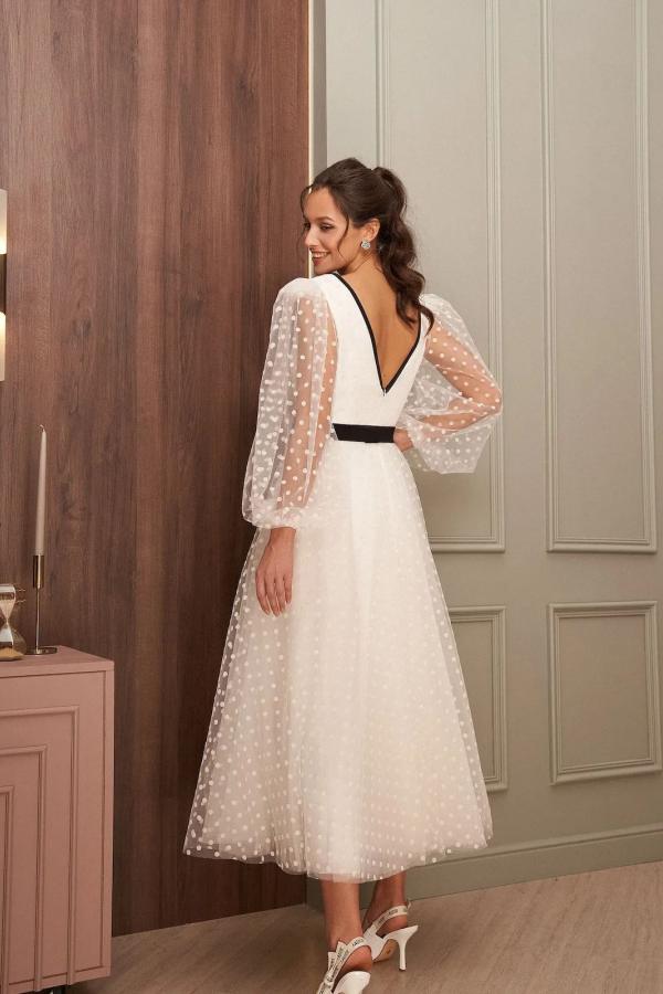 Bmbridal Long Sleeve Tulle Tea Length Wedding Dress with V Neck Appliques