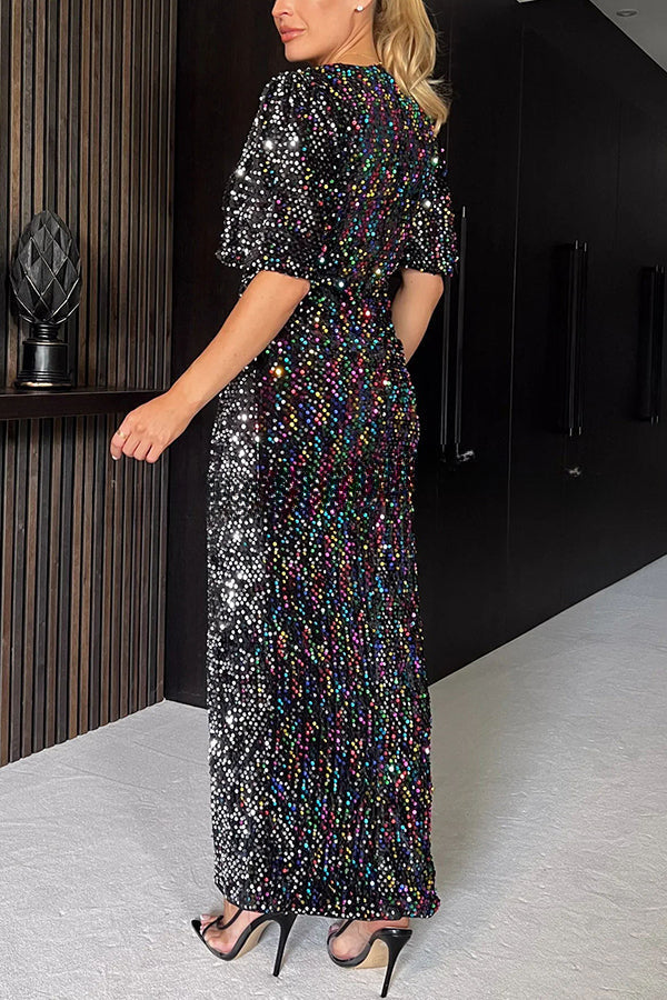Glow All Night Pailletten-Party-Maxikleid mit Glockenärmeln und Schlitz 