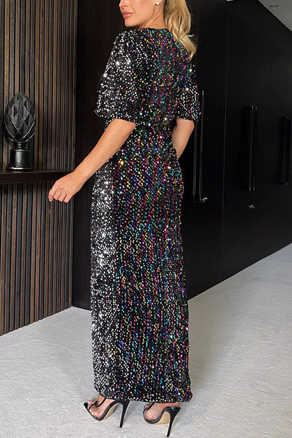 Glow All Night Pailletten-Party-Maxikleid mit Glockenärmeln und Schlitz 