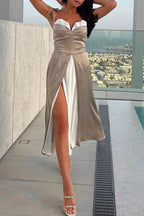 Chic All Night Patchwork Contrast Slit Strap Midi Dress