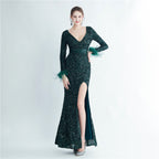 Ostrich Feather Cuff Sequined Fishtail Evening Dress with Side Slit