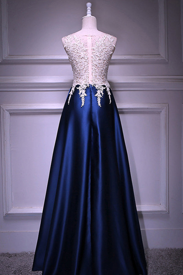 BMbridal Dark Navy Satin Prom Dress Beading Appliques Sleeveless Floor Length