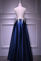 BMbridal Dark Navy Satin Prom Dress Beading Appliques Sleeveless Floor Length