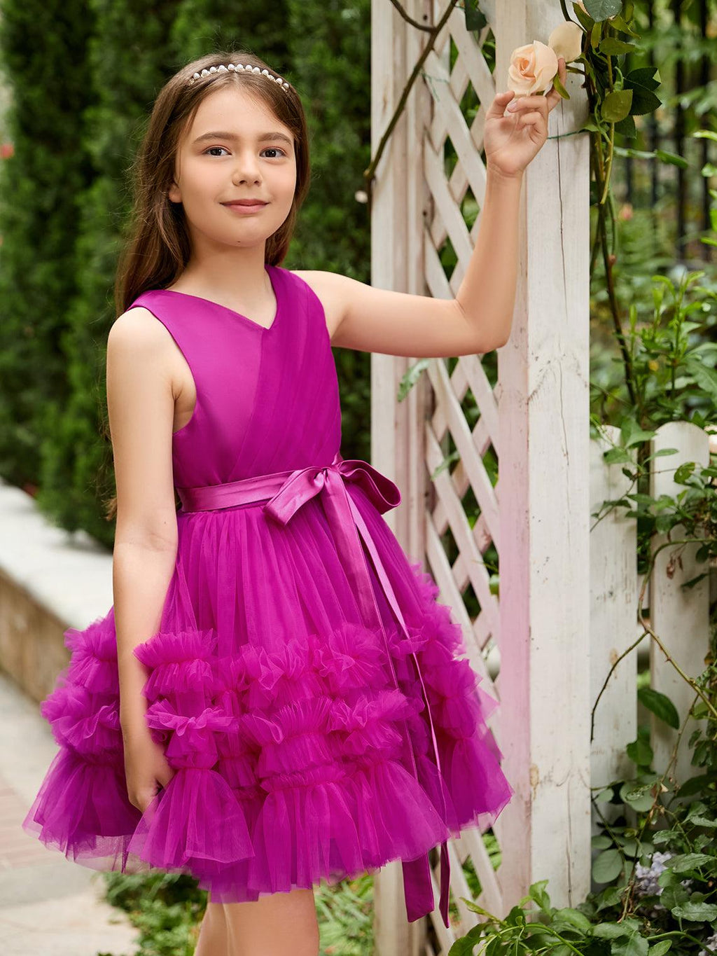 Fuchsia Princess Sleeveless Tulle Flower Girl Ruffles Mini Wedding Dress