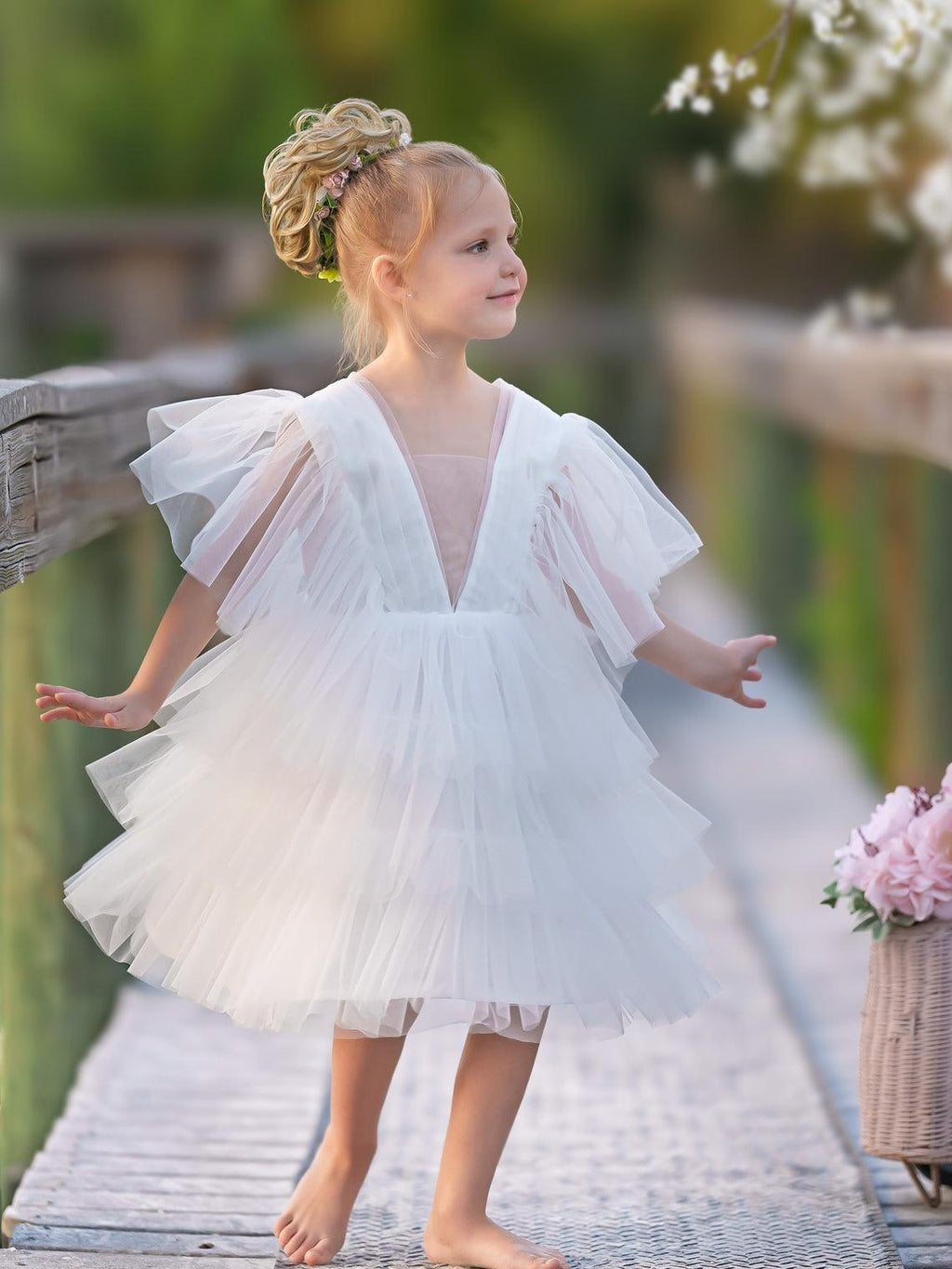 Elegant Ivory Tulle Fairy Flower Girl Dress For Toddler Girls