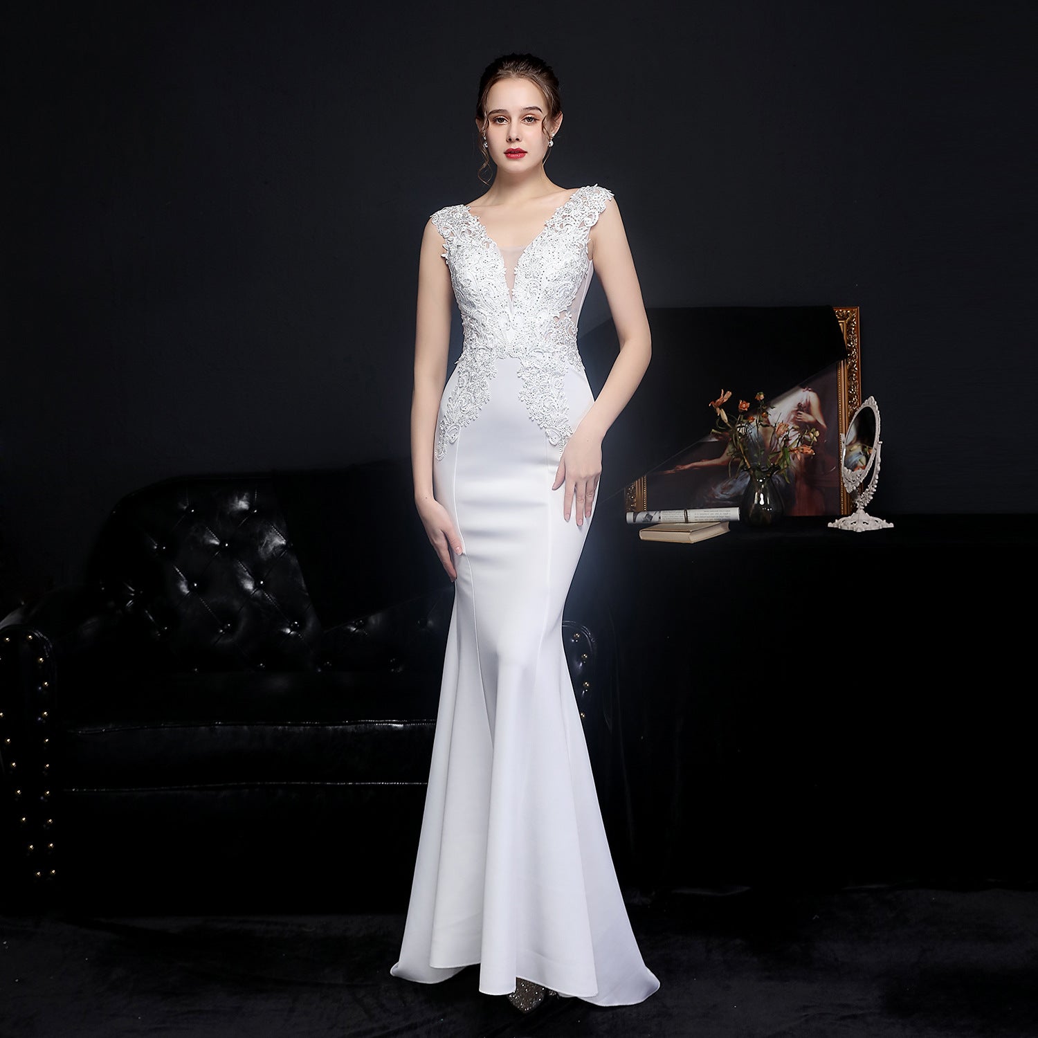 Full Lace European Diamond Toast Bride Fishtail Evening Dress