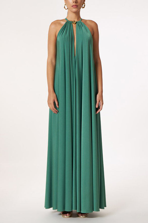 Abito Midi a Linea A con Scollo a Fascia Dorato Distintivo da Dea Greca