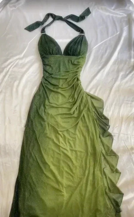 Vestido largo de fiesta y gala con escote en V, tirantes halter, degradado verde y gasa, modelo Y7484