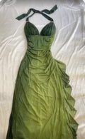 Vestido largo de fiesta y gala con escote en V, tirantes halter, degradado verde y gasa, modelo Y7484