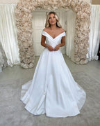 Modern Off Shoulder Long Sweetheart Backless Satin A Line Wedding Dress