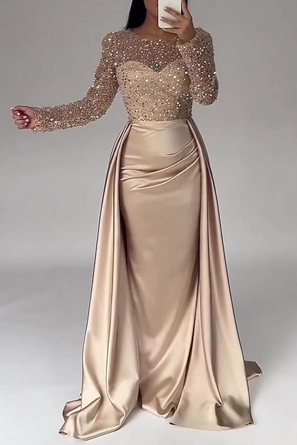 Bmbridal Jewel Neck Long Sleeve Mermaid Evening Dress With Sequins Overskirt