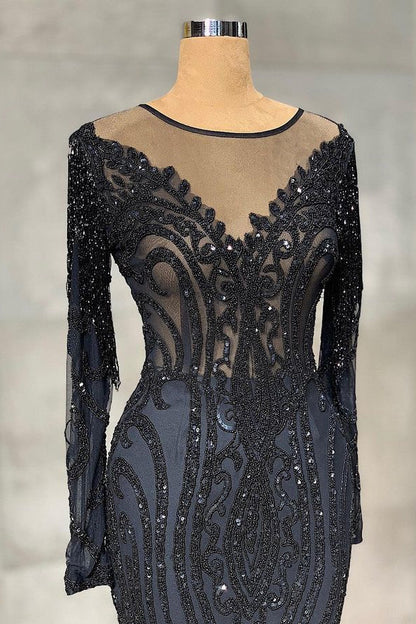 Elegante vestido de fiesta largo de sirena con encaje de tul y mangas