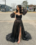 Robe longue de bal noire à paillettes, coupe évasée et décolleté en cœur, style mignon et doux