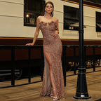 Women Sleeveless Elegant Sexy Long Sequined off Neck Backless Evening Dress