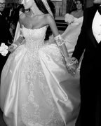Arabic Lace Saudi Ball Gown Wedding Dress Strapless Pearls Satin Dubai Plus Size