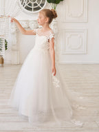 Ivory Lace Tulle First Communion Flower Girl Dress With Detachable Train