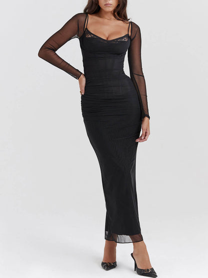 Schwarzes, rückenfreies, figurbetontes Maxikleid mit Strumpfhaltern 
