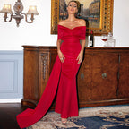 Elegant Red Satin off-the-Neck Elegant Lady Short Sleeve Long Pattern High-Grade Chest-Wrapped Evening Dress
