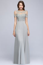 BMbridal Short Sleeve Lace Appliques Chiffon A Line Floor Length Prom Dress