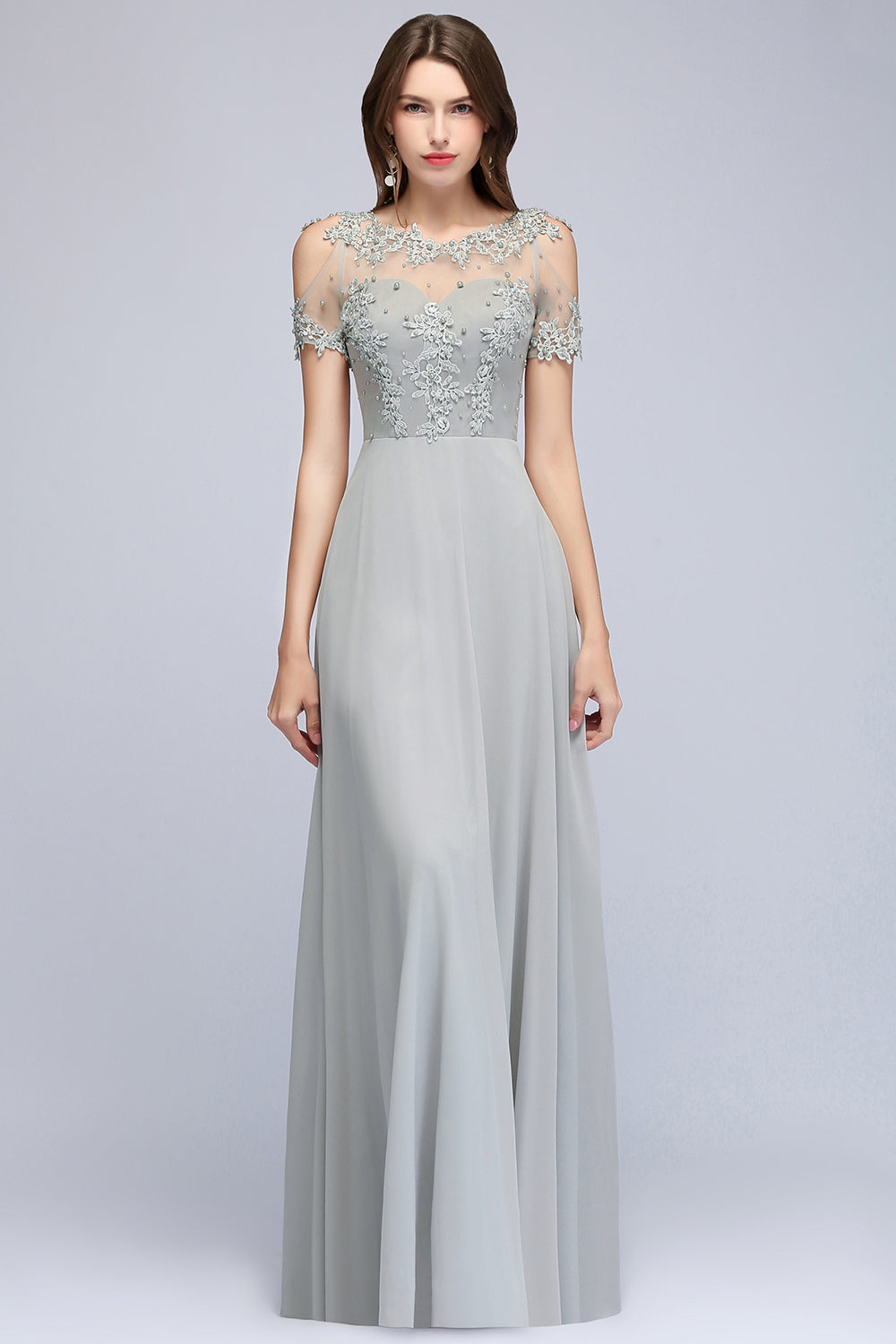BMbridal Short Sleeve Lace Appliques Chiffon A Line Floor Length Prom Dress
