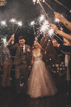 Romantic Long Tulle Lace Wedding Dress with Spaghetti Straps A Line V Neck