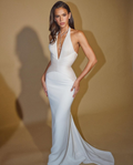 Long Mermaid Prom Dress Halter Deep V Neck Sleeveless Pleated