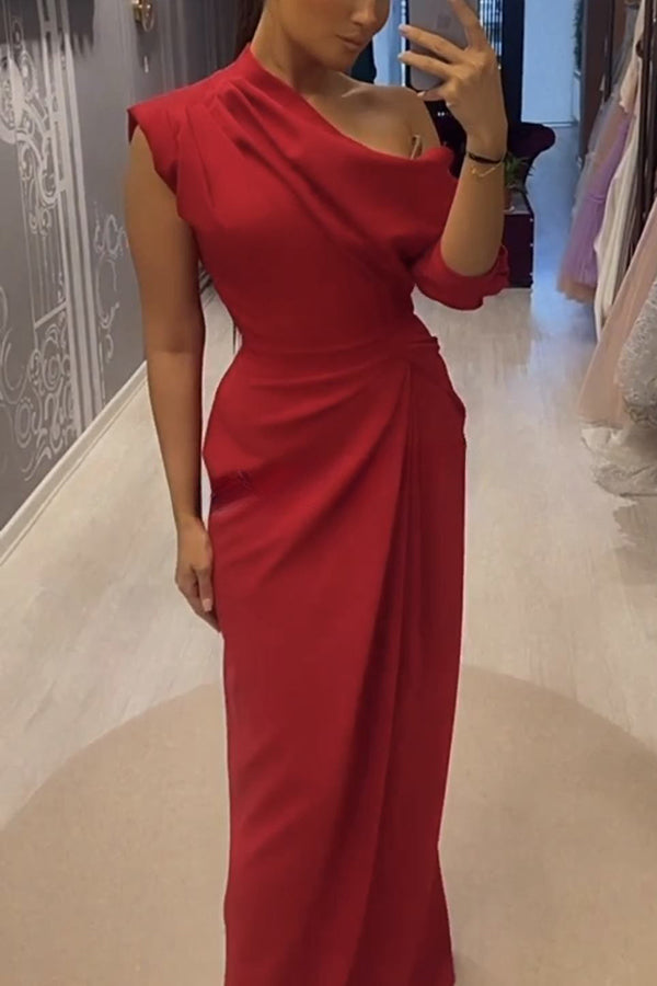 Robe de soirée unie à encolure ruchée irrégulière et manches mi-longues, longue et habillée