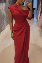 Robe de soirée unie à encolure ruchée irrégulière et manches mi-longues, longue et habillée