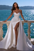 Elegant Satin Long Mermaid Wedding Dress With Spaghetti Straps Slit Sweetheart