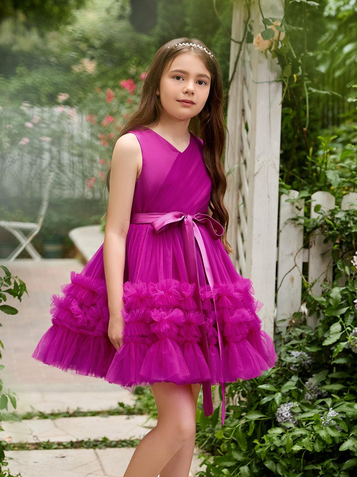 Fuchsia Princess Sleeveless Tulle Flower Girl Ruffles Mini Wedding Dress