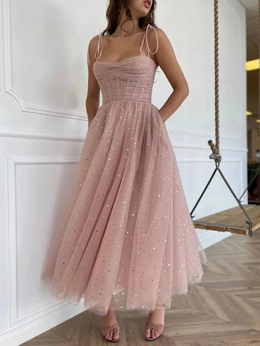 Träger Tüll Altrosa Ballkleid Kurz Mit Pailletten
