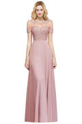 BMbridal Short Sleeve Lace Appliques Chiffon A Line Floor Length Prom Dress