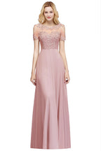 BMbridal Short Sleeve Lace Appliques Chiffon A Line Floor Length Prom Dress