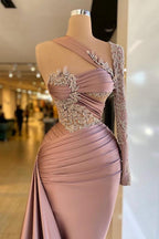 Mermaid Satin Prom Dress With One Shoulder Neckline And Crystal Appliques