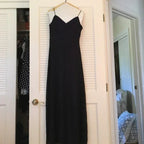 Splendido Abito da Sera con Spalline Blu Navy, Scollo a V, in Chiffon con Perline, Abito da Festa Y7563