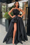 Black Satin Prom Dress With Feather Split Front Detail Floor Length Strapless