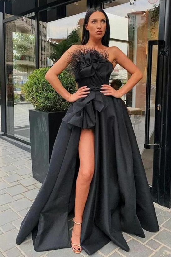 Black Satin Prom Dress With Feather Split Front Detail Floor Length Strapless