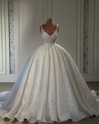 Bmbridal V Neck Sleeveless Lace Appliques Ball Gown Wedding Dress