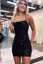  Glitter Bodycon Straps Black Sequins Short Homecoming Dresses