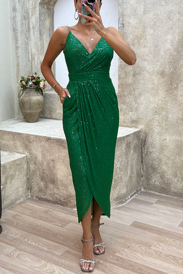 Party Seeker Sequin Pocketed Drape Slit Midi Dress