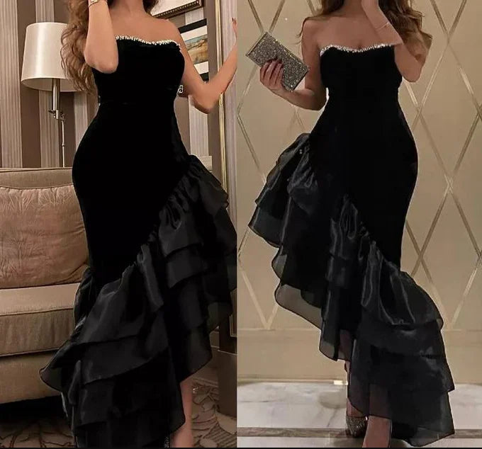 فستان سهرة أسود بدون أكتاف بتصميم حورية البحر وتفاصيل كشكش رسمي للحفلات Y7697