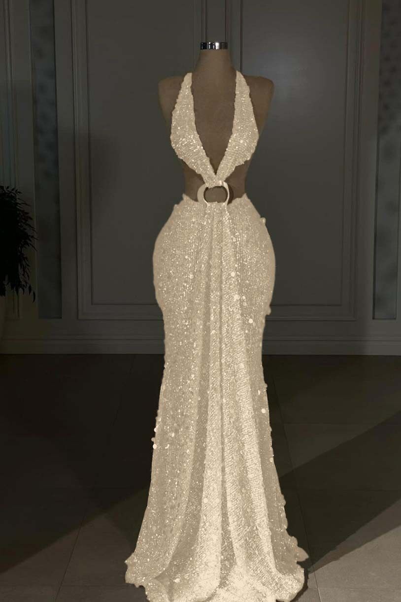 Halter Sleeveless Backless Mermaid Prom Dress With Sequins Custom Color Options