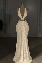 Halter Sleeveless Backless Mermaid Prom Dress With Sequins Custom Color Options