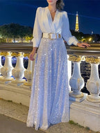 TARUXY Splice Pailletten Maxi Kleider Für Frauen Mode Falten Lose V-ausschnitt Elegante Kleid Femme Party Abendkleider Luxus 2023 