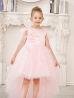 Princess Sleeveless Tulle Flower Girl Dress With Beading And Feather Bow