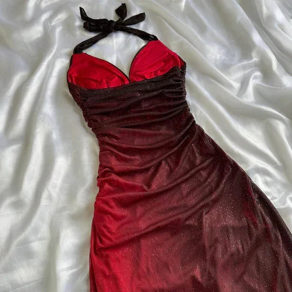 Vestido longo de festa e cerimónia vermelho em chiffon com decote em V e alças halter degradé Y7485