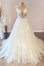 Floor Length A Line Sweetheart Floral Lace Wedding Dress With Tulle Ruffles