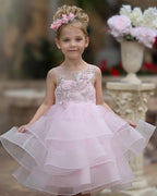 Pink Knee Length Flower Girl Tulle Dress With Scoop Neck And Floral Appliques